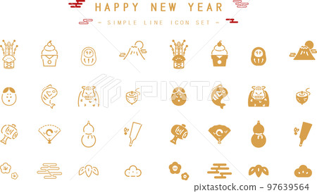 帶有日本新年主題的簡單線條圖標集（金色） 97639564