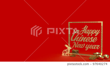 The gold rabbit and vintage Chinese money on red background  3d rendering 97640274