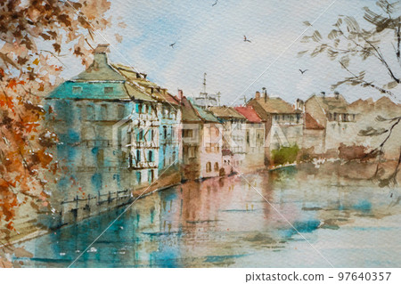 Small town in France Watercolor painting Landscape painting 97640357