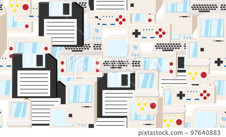 Seamless pattern endless with electronics and technology computer game consoles old retro vintage hipster from 70s, 80s, 90s isolated on white background. Vector illustration Seamless pattern endless with electronics and technology computer game consoles old retro vintage hipster from 70s, 80s, 90s isolated on white background. Vector illustration 97640883