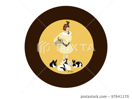 Girl feeding rabbits Circular package design 97641170