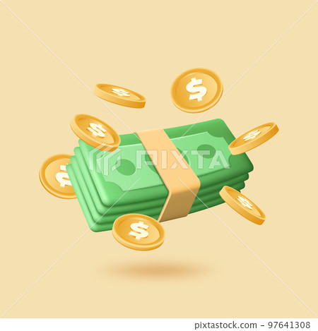 3d money icons, dollars and colden coins, 3d elements. Flying cash. Payment by stack of coins, economy sign, financial market objects. Profit and lottery win. Vector realistic render concept 97641308