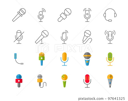 Color mic icons. Studio signs. Line microphone pictograms. Live speech in mike. Music technology. Audio broadcast industry. Voice volume device. Sound headset. Vector flat symbols set Color mic icons. Studio signs. Line microphone pictograms. Live speech in mike. Music technology. Audio broadcast industry. Voice volume device. Sound headset. Vector flat symbols set 97641325