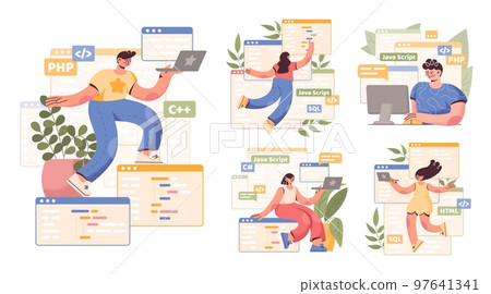 PC work. Computer programmer character. People in internet industry creating website. Programming language. Developers laptop screen window. Backend java coders set. Vector illustrations 97641341
