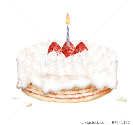 一支蠟燭的白色奶油蛋糕手繪水彩畫 97641392
