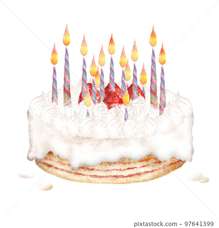 Hand-painted watercolor painting of fresh cream cake with many candles 97641399