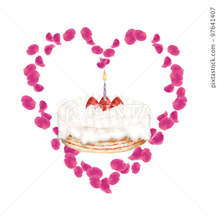 Hand-painted watercolor cake with heart-shaped petal frame 97641407