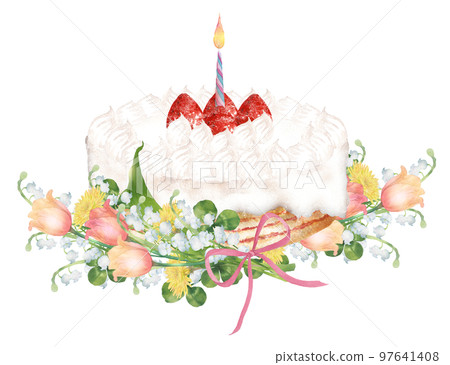 Hand-painted watercolor painting with a bouquet of flowers on a cake with candles 97641408