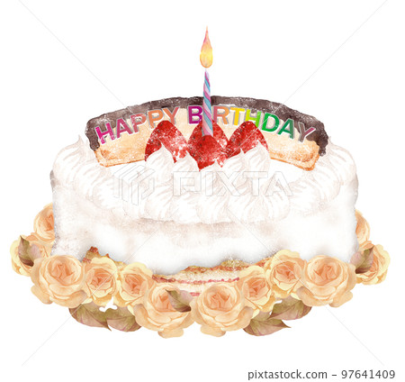 Hand drawn watercolor painting of rose wreath decoration on birthday cake 97641409
