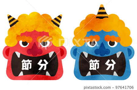 Illustration set of comical red and blue demons written as "Setsubun" (watercolor style) 97641706