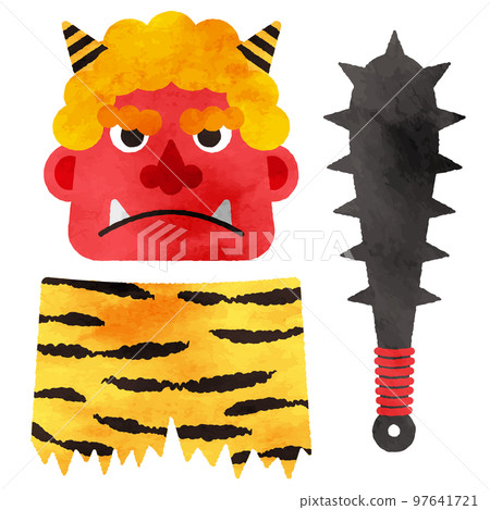 插圖集水彩觸摸紅色惡魔面具、褲子、金屬棒 97641721