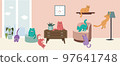 Cozy apartment interior with comfortable furniture, many cats, vector illustration 97641748