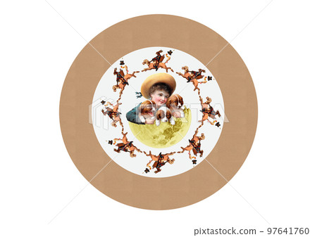 A rabbit gentleman surrounding a boy and a dog Circular package design A rabbit gentleman surrounding a boy and a dog Circular package design 97641760