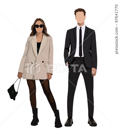 Fashionable and stylish young couple in flat style isolated on white background. Beautiful guy and girl in warm clothes. Fashionable and stylish young couple in flat style isolated on white background. Beautiful guy and girl in warm clothes. 97641770