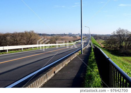 Onaribashi Bridge over the Arakawa River, marked as the widest river in Japan on the side of the bridge 97642700