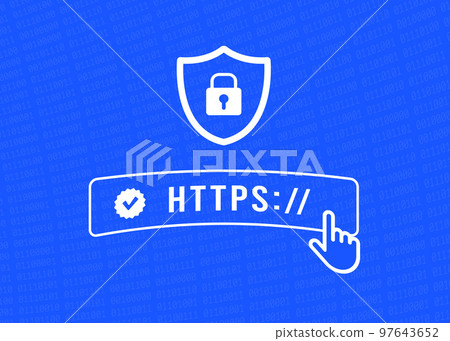 HTTPS Hypertext Transfer Protocol Secure concept. Flat Design outline vector illustration with blue background. 97643652