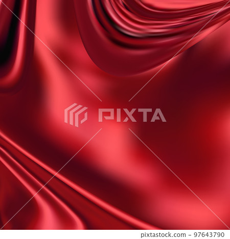 Crumpled and wavy, luxury red silk or satin fabric with smooth surface area 3d realistic abstract background with copy space. Delicate velvet texture, silky textile, elegant tissue illustration 97643790