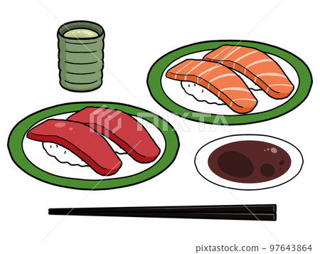 Illustration of tuna and salmon sushi (with soy sauce, chopsticks and tea) Illustration of tuna and salmon sushi (with soy sauce, chopsticks and tea) 97643864
