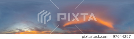 Panorama of a dark blue sunset sky with pink Cumulus clouds. Seamless hdr 360 panorama in spherical equiangular format. Full zenith for 3D visualization, sky replacement for aerial drone panoramas. Panorama of a dark blue sunset sky with pink Cumulus clouds. Seamless hdr 360 panorama in spherical equiangular format. Full zenith for 3D visualization, sky replacement for aerial drone panoramas. 97644297