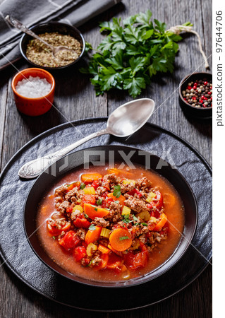 Hamburger Soup with barley and vegetables in bowl Hamburger Soup with barley and vegetables in bowl 97644706