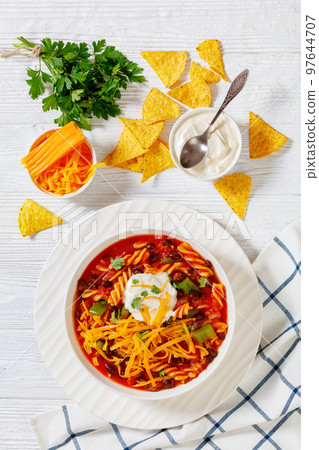 Black Bean Soup with spiral pasta and vegetables Black Bean Soup with spiral pasta and vegetables 97644707