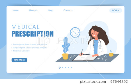 Medical prescription. Landing page template. Female doctor writing recipe for patient. Healthcare and pharmacy concept. Vector illustration in flat cartoon style Medical prescription. Landing page template. Female doctor writing recipe for patient. Healthcare and pharmacy concept. Vector illustration in flat cartoon style 97644892