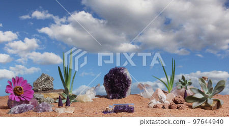 Chakra Stones and Flowers on Australian Red Sand Chakra Stones and Flowers on Australian Red Sand 97644940