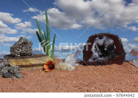 Chakra Stones and Aloe Plant on Australian Red Sand Chakra Stones and Aloe Plant on Australian Red Sand 97644942