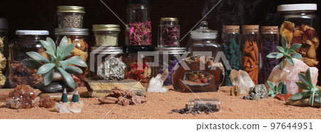 Agatized Coral With Quartz Crystals and Flowers With Australian Red Sand on Meditation Table 97644951