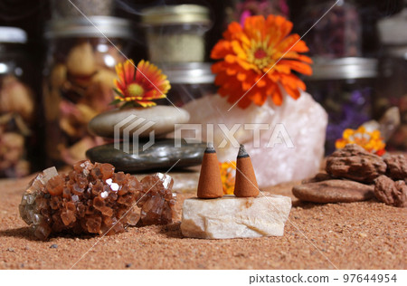 Aragonite Crystal With Incense Cones on Australian Red Sand Aragonite Crystal With Incense Cones on Australian Red Sand 97644954