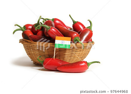 Red Jalapeno Peppers With Flag of New Mexico Isolated on White Background 97644968