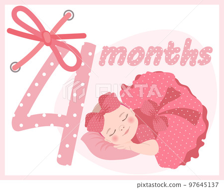 Cute baby girl in a pink dress with a bow, card for kids birthday. Illustration, print, vector Cute baby girl in a pink dress with a bow, card for kids birthday. Illustration, print, vector 97645137
