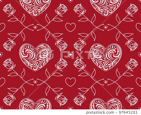 Red background with white lacy hearts and one line drawn rose. Seamless pattern. Decoration for Valentines day, love romantic theme. Good for wrapping, textile, print, wedding decor 97645281