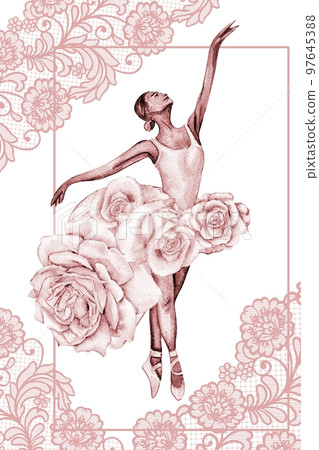 Hand drawn watercolor card template dancing ballerina with flower and lace. Pink pretty ballerina. Watercolor hand drawn illustration. Pictures for poster, invitation, postcard, background and posters 97645388