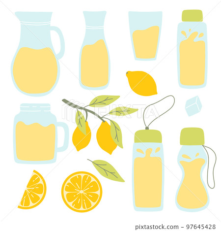 Lemonade set. Collection of jugs, glasses and bottles of lemonade. Lemonade with lemon, mint and ice. Vector illustration. Flat hand drawn style. 97645428