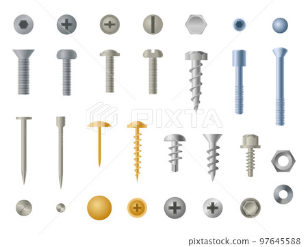 Hardware screw, bolt, nut nail. Metal hook and drill, steel and gold colored instruments for building workshop. 3d isolated elements construction industry. Vector realistic illustration utter supplies 97645588