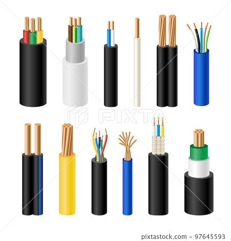 Electric wire, realistic electronic copper cable, colorful rubber insulation. Flexible fiber technology in energy industry, electricity plastic. 3d on white background elements. Vector utter icons 97645593
