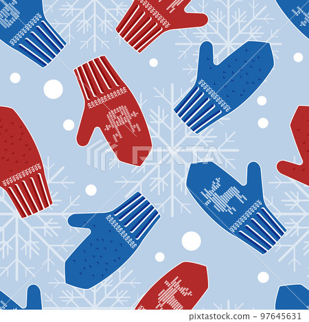 Christmas winter gloves, vintage pattern. Noel wool elements with ornament, retro Xmas texture. Decor textile, wrapping paper design. Snowflakes on knit accessory. Vector seamless current background 97645631