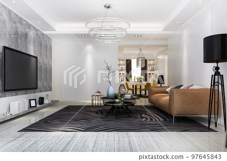 3d rendering modern dining room and living room with retro armchair 97645843