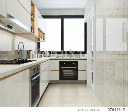 3d rendering modern kitchen counter with white and biege design 3d rendering modern kitchen counter with white and biege design 97645845