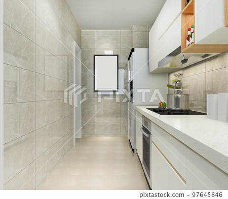 3d rendering modern kitchen counter with white and biege design 97645846