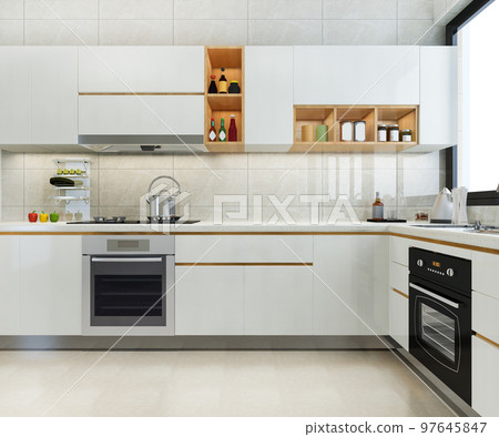 3d rendering modern kitchen counter with white and biege design 3d rendering modern kitchen counter with white and biege design 97645847