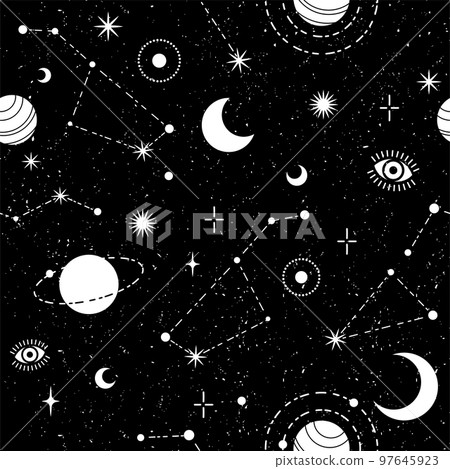 Occult trendy seamless pattern with moon, planet, constellation and stars. 97645923