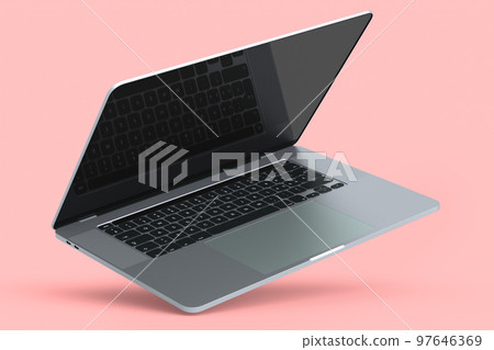 Realistic aluminum laptop with empty white screen isolated on pink background. 97646369