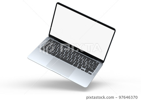 Realistic aluminum laptop with empty white screen isolated on white background. 97646370