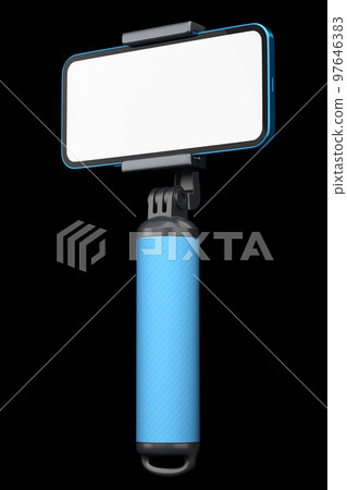 Realistic smartphone with blank white screen and selfie stick isolated on black 97646383