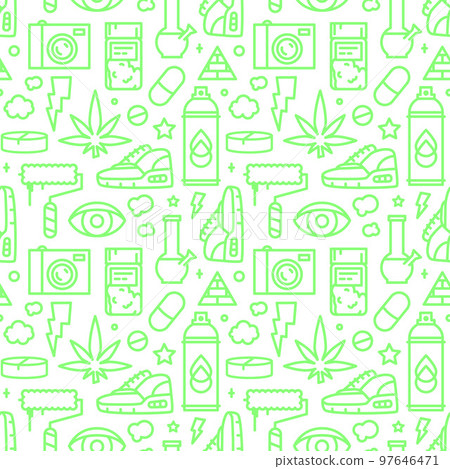 Teenage Street Cannabis Culture Seamless Pattern in Line Art Cartoon Style for Medical Marijuana 97646471