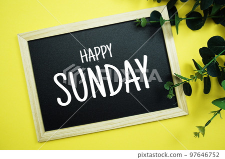 Happy Sunday typography text written on wooden blackboard with green eucalyptus decoration on yellow background 97646752