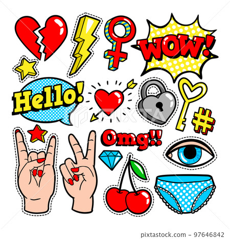 Fashion patches in cartoon 80s-90s comic style. 97646842