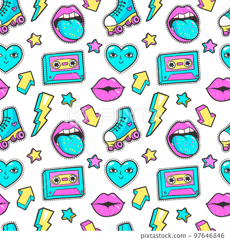 Seamless pattern in cartoon 80s-90s comic style. Seamless pattern in cartoon 80s-90s comic style. 97646846